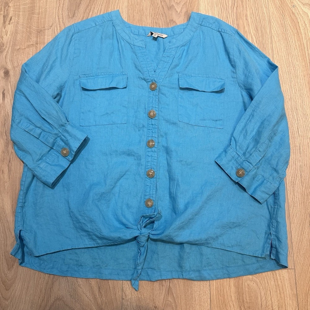 John Mark Aqua 100% Linen Top Button Up Tie Front Blouse Women's XL Boho Artsy